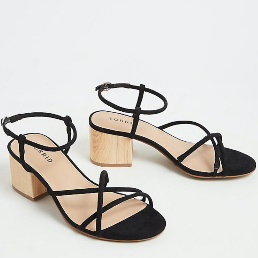 Black Faux Suede Strappy Woodgrain Block Heel